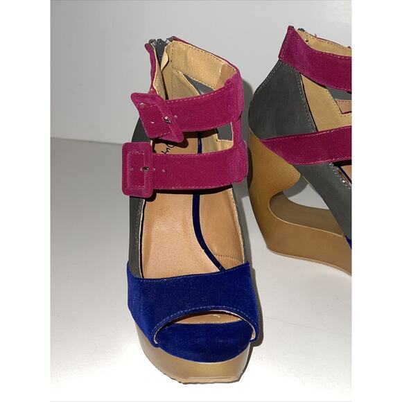 Qupid LISBETH shoes Women Sz 6.5 Ankle Strap Buckle Wedge Platform Sandals Blue - Picture 4 of 12